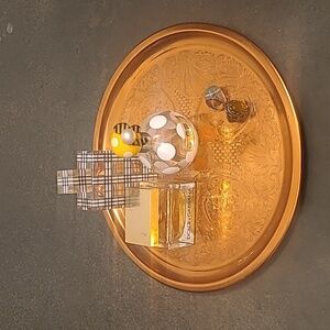 ETCHED COPPER TONED ROUND SERVING DECORATIVE TRAY